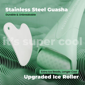 ROSELYNBOUTIQUE Ice Roller for Face Wrinkles Fine Lines Puffiness Stick Massager Facial Skin Care Tools Self Care Gifts for Men Women (Green & Guasha)