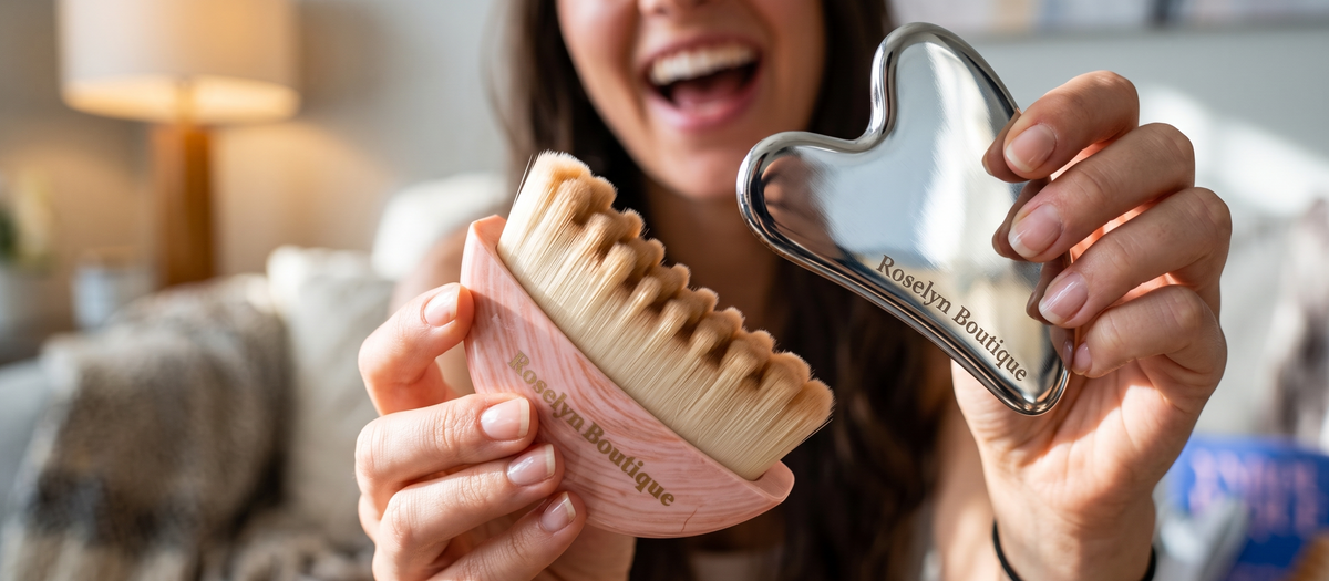 Roselyn Boutique facial brush and stainless steel gua sha